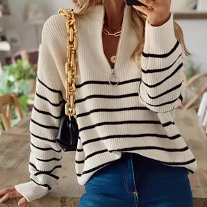 Trendy women's striped V-neck ribbed knit fall sweater in XL size, featuring long sleeves and a stylish design, displayed on a model against a plain background.