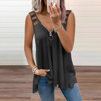 A black V-neck tank top with a zipper front, worn by a woman in a casual summer setting. The tank top is sleeveless and designed for a size 2XL.
