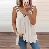 Trendy Women's Zipper Front V-Neck Tank Top in White, size 2XL, featuring sleeveless design and casual summer style.