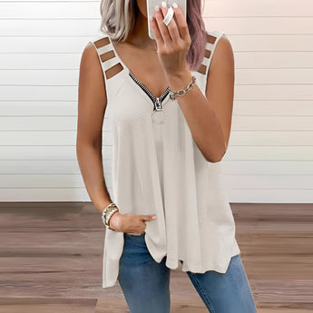 Trendy Women's Zipper Front V-Neck Tank Top in White, size 2XL, featuring sleeveless design and casual summer style.