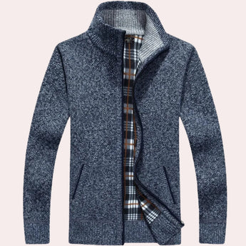 Navy, white, and brown plaid wool blend coat featuring a checkered pattern, displayed in an XL size with a classic collar and long sleeves.