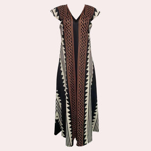 Tribal Print Black & White V-Neck Maxi Dress featuring a geometric ethnic pattern, perfect for summer occasions.