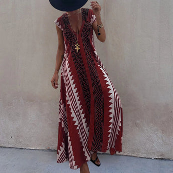 Tribal Print Black & White V-Neck Maxi Dress with geometric ethnic patterns, featuring short sleeves and a fitted waist design in red, size XL.