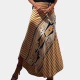 Yellow striped bohemian maxi skirt in a wrap style with a tribal print design, shown in size XL.