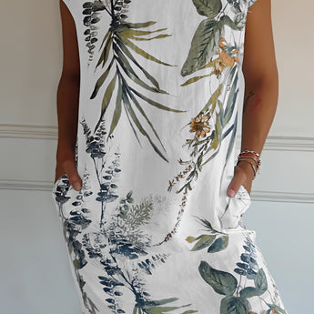 Tropical Botanical Print Sleeveless Summer Shift Dress in white, featuring a relaxed fit with a round neckline and vibrant tropical patterns, suitable for beachwear.