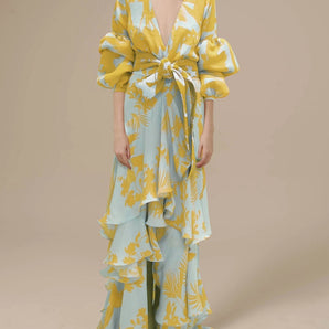 Yellow and blue tropical floral maxi dress with sleeves, featuring a wrap design and a v-neckline, in size 2XL.
