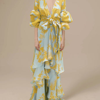 Yellow and blue tropical floral maxi dress with sleeves, featuring a wrap design and a v-neckline, in size 2XL.