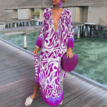 Tropical Print Purple Long Sleeve Kaftan in 2XL, featuring a luxurious beachwear design with vibrant purple tones and a flowing, one-piece silhouette, perfect for stylish seaside outings.