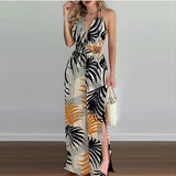 Tropical Print Halter Maxi Dress in Cachi, size 2XL, featuring a flowing design with a halter neckline and vibrant tropical patterns, suitable for beach weddings and resort wear.