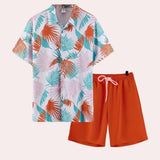 Tropical print men's shirt and shorts set in a vibrant leaf pattern, featuring an orange color scheme. The set includes a short-sleeve shirt with a collar and matching shorts, perfectly suited for beachwear.