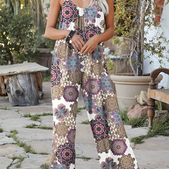 Tropical Print Palm Leaf Sleeveless Jumpsuit in viola, features a vibrant and stylish design with palm leaf patterns, perfect for women's summer beachwear. The jumpsuit is sleeveless, showcasing a fitted waist, and is available in size 2XL. The model accessorizes with eyewear, complementing the fashion-forward look.