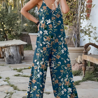 Tropical print palm leaf sleeveless jumpsuit in dark green for women, suitable for summer beachwear, shown in size 2XL. The jumpsuit features a sleeveless design with a comfortable fit around the waist and a stylish neckline, perfect for warm weather.