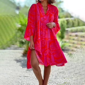 Tropical red floral V-neck summer dress in size 3XL, featuring short sleeves and a lightweight, breathable fabric perfect for beach outings.
