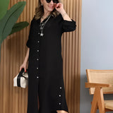 Turquoise linen asymmetrical hem long sleeve summer dress in Nero color, size 5XL, displayed on a mannequin with emphasis on the design details like the asymmetrical hem and long sleeves.
