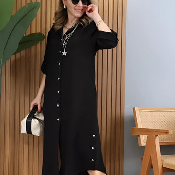 Turquoise linen asymmetrical hem long sleeve summer dress in Nero color, size 5XL, displayed on a mannequin with emphasis on the design details like the asymmetrical hem and long sleeves.