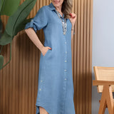 Turquoise asymmetrical hem long sleeve summer dress in size 5XL, styled with a focus on the dress's unique cut and vibrant color.