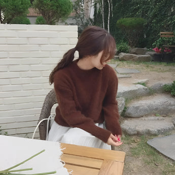 
A turquoise plush crewneck sweater with a soft-touch texture, displayed in a cozy outdoor setting with natural elements like grass and wooden furniture. The sweater, styled in a casual and comfortable manner, is shown in a coffee color variant and designed as a one-size-fits-all winter pullover.