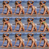 Women's luxury two-tone blue and black string bikini, adjustable beachwear, model posing outdoors in summer, showcasing fashionable swimwear with a focus on legs and thighs, capturing a fun and leisurely vibe.