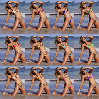 Women's luxury two-tone blue and black string bikini, adjustable beachwear, model posing outdoors in summer, showcasing fashionable swimwear with a focus on legs and thighs, capturing a fun and leisurely vibe.