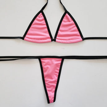 Women's luxury two-tone blue and black string bikini with adjustable straps, ideal for beachwear.