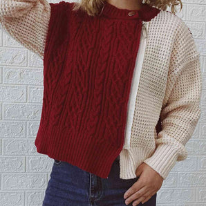 Two-Tone Cable Knit Sweater with Zipper - Women's Fashion