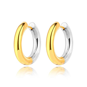 Two-tone hypoallergenic hoop earrings made of gold and silver stainless steel.