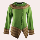 Asymmetrical green and brown ruffled sweater featuring a toggle closure, long sleeves, and a unique woolen design.