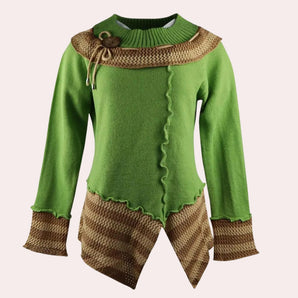Asymmetrical green and brown ruffled sweater featuring a toggle closure, long sleeves, and a unique woolen design.