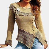 Two-tone green-brown asymmetrical ruffled sweater with toggle, featuring long sleeves and a collar, displayed in a khaki color in size XL.