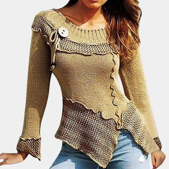 Two-tone green-brown asymmetrical ruffled sweater with toggle, featuring long sleeves and a collar, displayed in a khaki color in size XL.