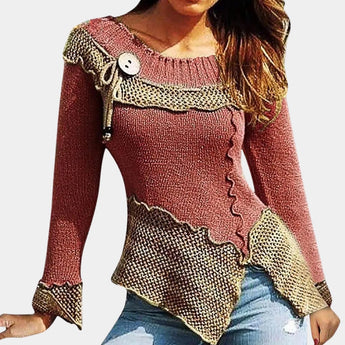 Two-tone green and brown asymmetrical ruffled sweater with a toggle, featuring a unique design with a mix of ruffles and a tartan pattern. The sweater has long sleeves and a high collar, providing a stylish and cozy look suitable for cooler weather.