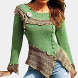 Asymmetrical ruffled sweater in two-tone green and brown, featuring a toggle detail, with long sleeves and a distinctive collar, shown in size XL.