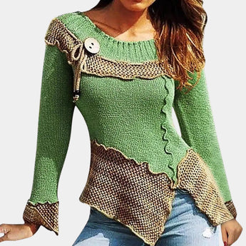 Asymmetrical ruffled sweater in two-tone green and brown, featuring a toggle detail, with long sleeves and a distinctive collar, shown in size XL.