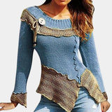 A stylish two-tone sweater featuring an asymmetrical design with ruffled details, combining green and brown colors, and complemented by a unique toggle closure.