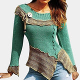 Mint green and brown asymmetrical ruffled sweater with toggle, featuring a unique two-tone design. The sweater highlights shoulder detailing, a stylish neckline, and sleek long sleeves. It is tailored for an XL fit, accentuating the waist and extending to the thigh. The textile has a textured appearance, enhancing the overall fashionable outerwear look.