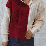 Two-tone chunky knit bomber jacket for women, designed for winter fashion, featuring a stylish and warm knit pattern. The jacket is shown in a neutral color palette, suitable for one size, highlighting its versatility and unique texture.