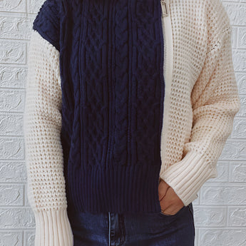 Women's two-tone chunky knit bomber jacket in white and grey with long sleeves, designed for winter fashion. The jacket features a cozy, textured knit with a comfortable fit, suitable for various body types.
