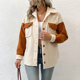 Two-tone women's suede patch jacket featuring a stylish design perfect for casual autumn streetwear. The jacket includes elements like a coat-style structure with long sleeves and a comfortable fit around the waist.