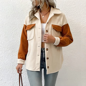 Two-tone women's suede patch jacket featuring a stylish design perfect for casual autumn streetwear. The jacket includes elements like a coat-style structure with long sleeves and a comfortable fit around the waist.
