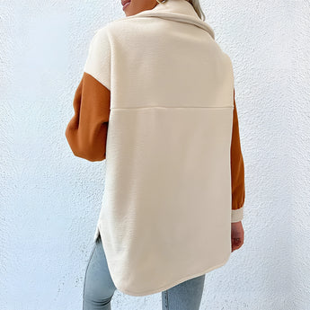
A stylish two-tone women's suede patch jacket featuring a casual and trendy design, perfect for autumn streetwear. The jacket includes detailed elements such as a defined collar, long sleeves, and a combination of grey tones, providing a chic and comfortable fit.