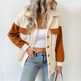 Stylish two-tone women's suede patch jacket in apricot, featuring long sleeves and a casual fit, perfect for autumn streetwear. Model is wearing size XL, accessorized with sunglasses.