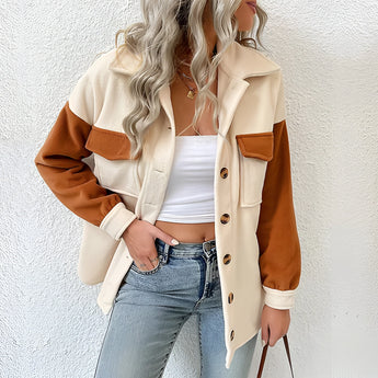 Stylish two-tone women's suede patch jacket in apricot, featuring long sleeves and a casual fit, perfect for autumn streetwear. Model is wearing size XL, accessorized with sunglasses.