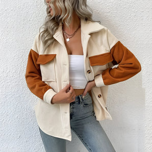 Two-tone women's suede patch jacket featuring a casual autumn streetwear style, with visible collar and sleeve details. The model is wearing sunglasses and has a relaxed pose, showcasing the jacket's fit around the waist and trunk.