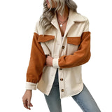 Two-tone women's suede patch jacket featuring a casual design perfect for autumn streetwear, highlighting elements such as a collar, sleeves, and waist, with a focus on the jacket's outerwear style.