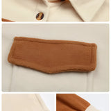 White and beige two-tone women's suede patch jacket featuring long sleeves and a collar, designed for casual autumn streetwear.