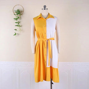 Two-tone yellow and white sleeveless belted mid-length dress with a defined waist and collar, perfect for spring fashion.