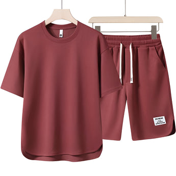Unisex red loungewear set in size 3XL featuring a comfortable and lightweight T-shirt with a collar and matching active shorts, perfect for summer relaxation.