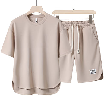 Unisex beige loungewear set featuring a lightweight short-sleeved t-shirt and active shorts, designed for comfort and ideal for summer, available in size 3XL.