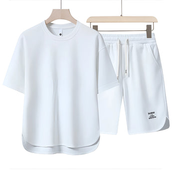 Unisex beige loungewear set in a comfortable and lightweight fabric, suitable for summer, with a white short-sleeve T-shirt and matching shorts in size 3XL.