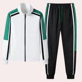 Unisex black turtleneck tracksuit set featuring green stripe joggers, designed for a sporty and stylish look in a comfortable jersey fabric.